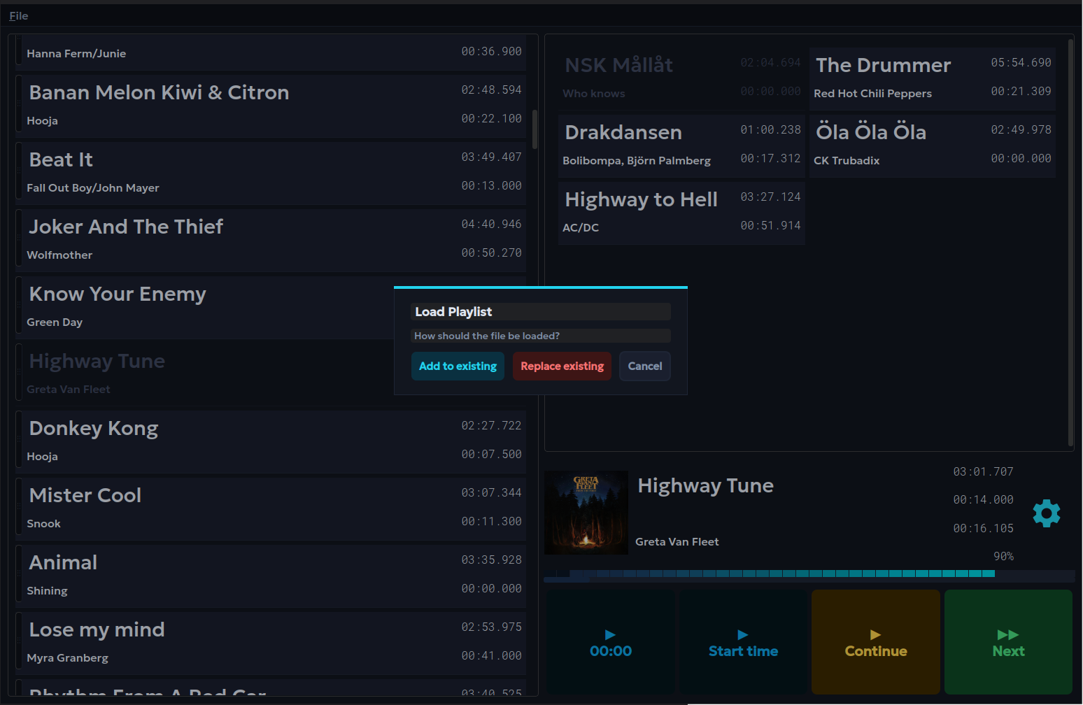 Hockipy Load Playlist dialog