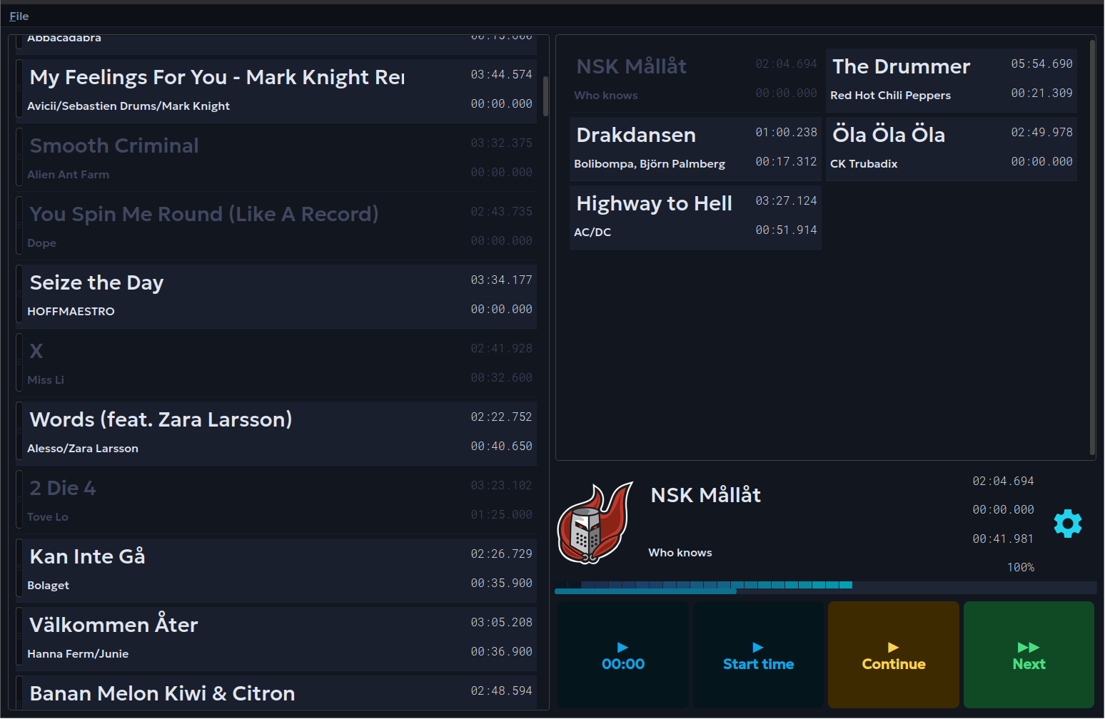 Hockipy playing a song with playlist, specials, and now-playing display