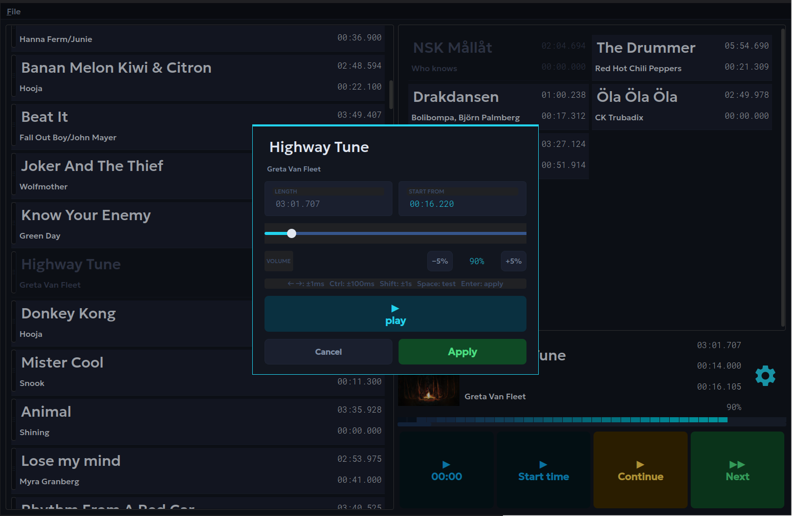 Hockipy song settings dialog
